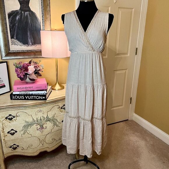 Elena Baldi Linen Midi Dress Size LARGE Beige Tan Natural NWOT - Picture 1 of 7